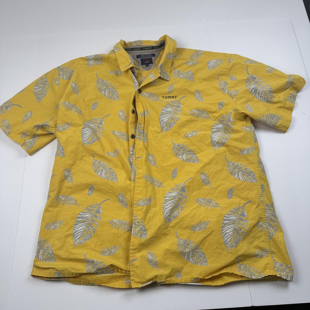 Tommy Jeans Shirt Mens 2XL Yellow Leaf Print Short Sleeve Button Up Casual